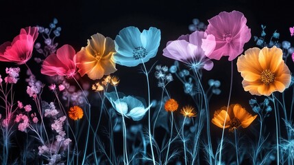 X-ray style image of a wildflower meadow with glowing, translucent petals in varying shapes and sizes. The ethereal, dreamy composition reveals delicate floral structures in stunning detail