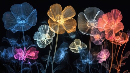 X-ray style image of a wildflower meadow with glowing, translucent petals in varying shapes and sizes. The ethereal, dreamy composition reveals delicate floral structures in stunning detail