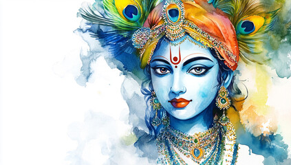 Obraz premium Stunning Watercolor Portrait of Krishna, Hindu Deity, Peacock Feathers, Jewelery