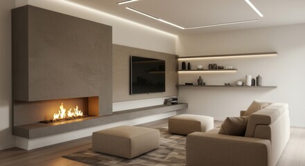 Fototapeta premium Elegant Living Room Interior with Fireplace and Modern Furnishings