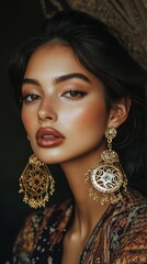Portrait of a classic beauty woman with retro wave hairstyle, wearing elegant gold chandelier earrings. Timeless glamour and vintage-inspired elegance in a studio setting
