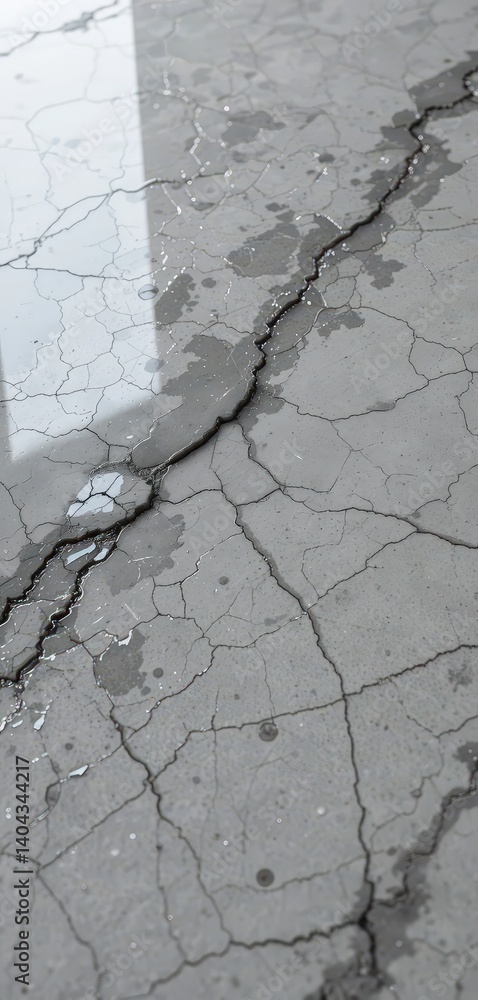 Poster a textured floor featuring a striking contrast of white and black tiles, marred by visible cracks th