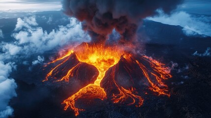 A powerful volcano erupts, releasing rivers of molten lava and billowing smoke into the sky. This raw spectacle showcases nature’s incredible force and beauty