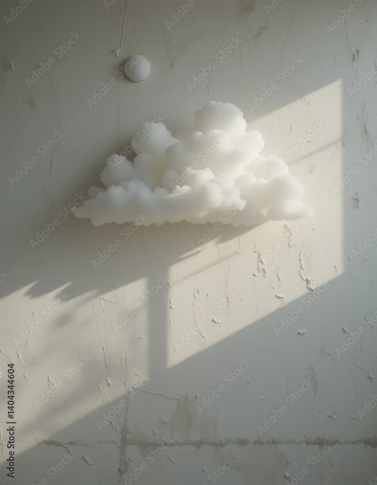 Poster a fluffy white cloud is artistically mounted on a textured wall, casting soft shadows that enhance i
