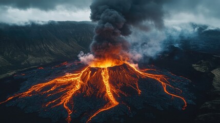A powerful volcano erupts, releasing rivers of molten lava and billowing smoke into the sky. This raw spectacle showcases nature’s incredible force and beauty