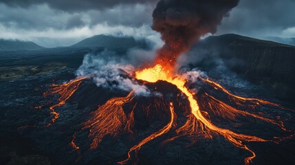 A powerful volcano erupts, releasing rivers of molten lava and billowing smoke into the sky. This raw spectacle showcases nature’s incredible force and beauty
