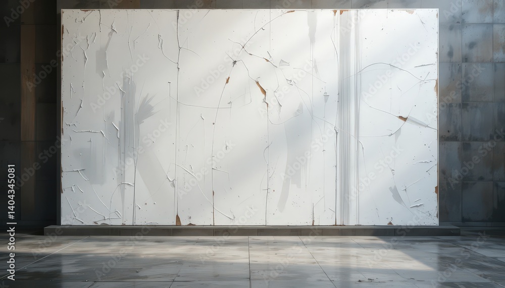 Poster a weathered white wall displaying numerous cracks and peeling paint, revealing layers of texture and