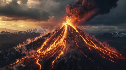 A powerful volcano erupts, releasing rivers of molten lava and billowing smoke into the sky. This raw spectacle showcases nature’s incredible force and beauty