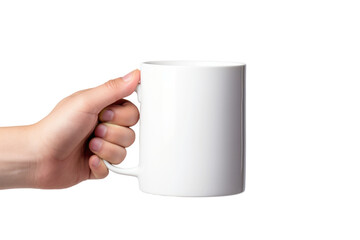A plain white mug for mockup design. A hand holding the mug with a transparent background