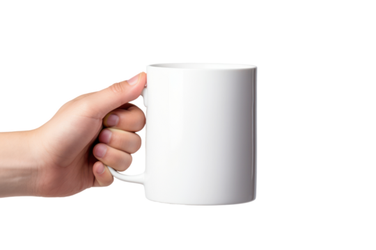 A plain white mug for mockup design. A hand holding the mug with a transparent background
