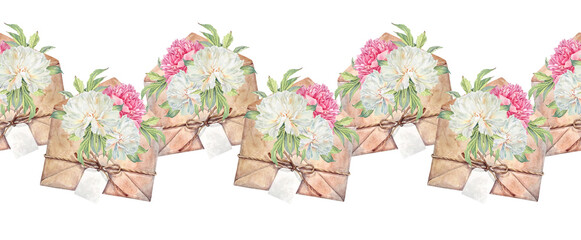 Watercolor seamless rim with milky and pink peony summer flower in beige envelope on white background. Hand-drawn plant with leaves. Border for wedding invite celebration card. Wallpaper or wrapping