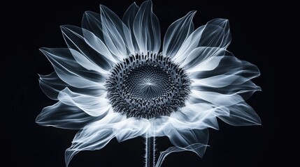 A high-resolution X-ray view of a sunflower, its large petals glowing with delicate translucency, intricate central disk details, soft contrast, high-contrast black background