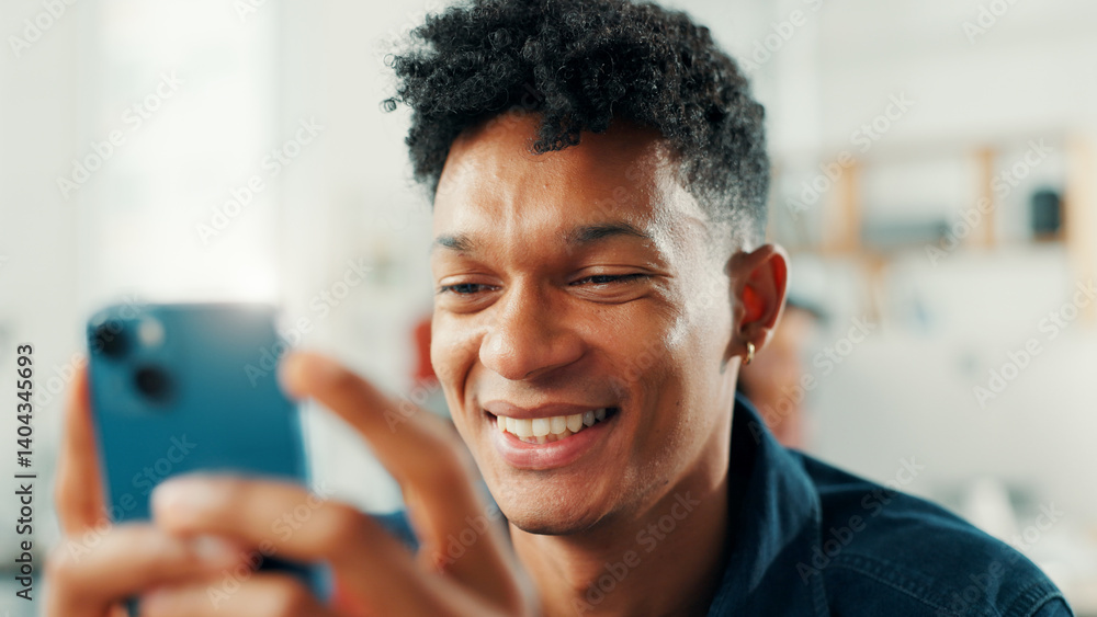 Aufkleber business, man and happy with phone in office for text message, mobile chat or reading digital news. 