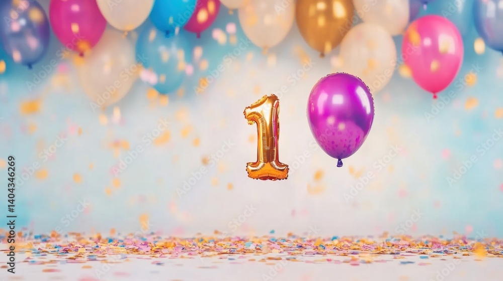 Poster a vibrant birthday setup displays a golden number one balloon floating above a layer of colorful con