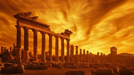 Fototapeta premium Ancient ruins bathed in a warm golden sunset hue.