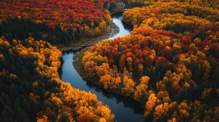 A mesmerizing aerial view of a dense autumn forest, trees in shades of red, orange, and yellow, winding river cutting through the landscape
