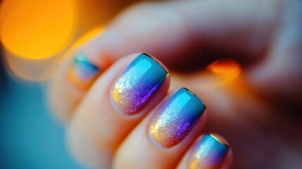 Colorful nails display a stunning gradient from blue to orange with glittering details, illuminated by soft evening light
