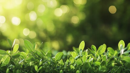 Fresh green foliage fills the ground, basking in gentle sunlight that creates a calm and peaceful atmosphere on a warm afternoon