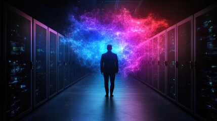 Individual exploring a vibrant digital cosmos in a data center