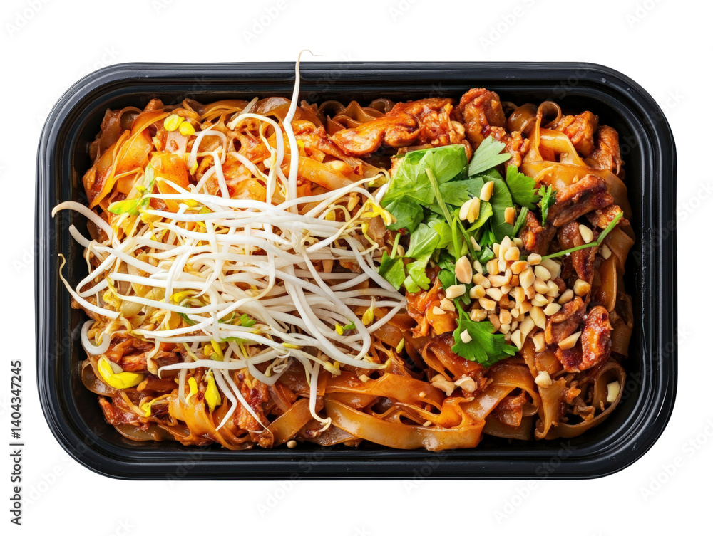 Poster black container overflowing with colorful pasta and fresh vegetables, creating a visually appealing 