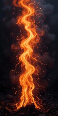 Fototapeta premium Vivid orange and yellow fire flames dance against a deep black background, creating a striking contrast. The flames flicker and curl, showcasing their dynamic movement and intensity.