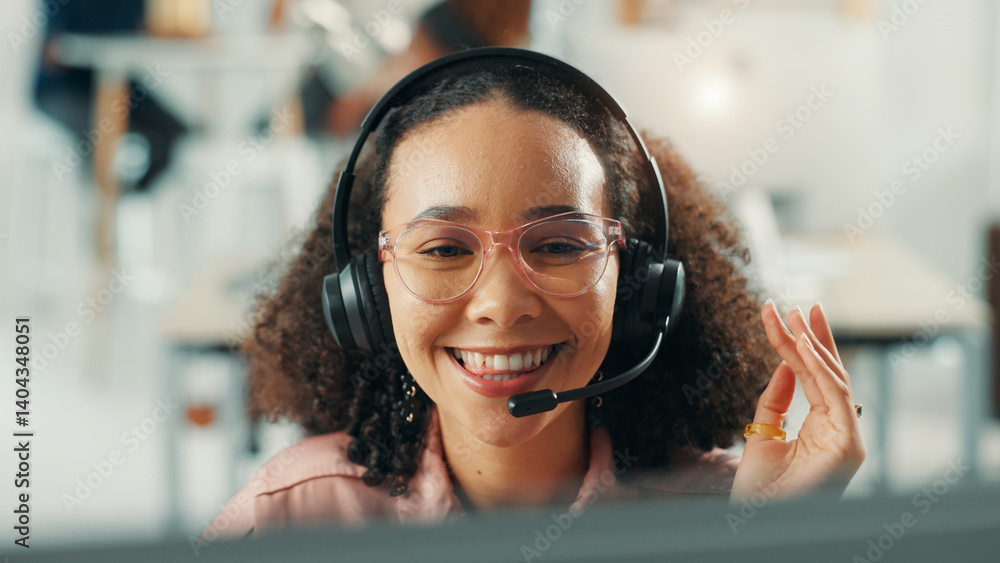Poster headset, happy and woman receptionist in office with online appointment setting, schedule or support