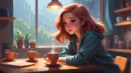 Cozy Study Scene with a Young Woman Working on a Laptop and Drinking Coffee