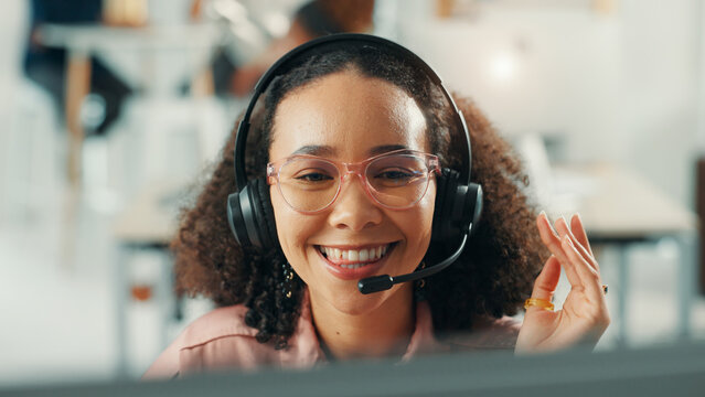 Headset, happy and woman receptionist in office with online appointment setting, schedule or support. Audio tech, consultation and female virtual assistant with call for crm integration in workplace.