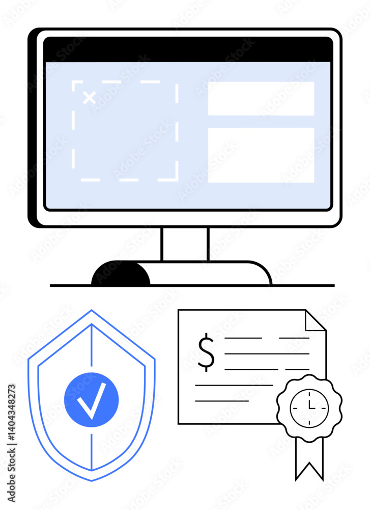 Poster computer screen displaying interface, security shield with checkmark, certificate, and financial doc