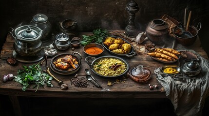 Fototapeta premium Indian Feast on Rustic Wooden Table