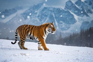 Obraz premium there is a tiger walking in the snow with mountains in the background