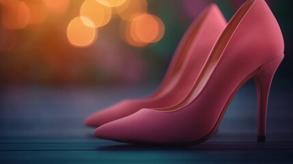 Stylish pink high heels are positioned elegantly on a wooden surface, illuminated by soft colorful lights in the background during the evening