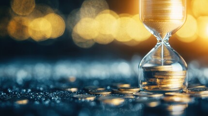 An hourglass filled with coins sits on a reflective surface, symbolizing the importance of time management in financial matters