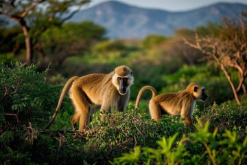 Obraz premium there are two monkeys that are standing in the bushes