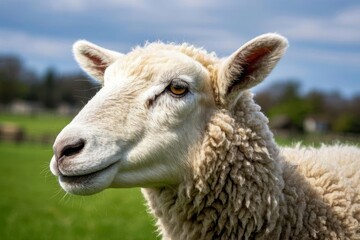 Fototapeta premium there is a sheep that is standing in the grass looking at the camera