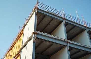 Obraz premium Metal frame of modern building under construction. Exterior view of a new residential or commercial architecture. Metal structure with insulation, sandwich panels against blue sky.