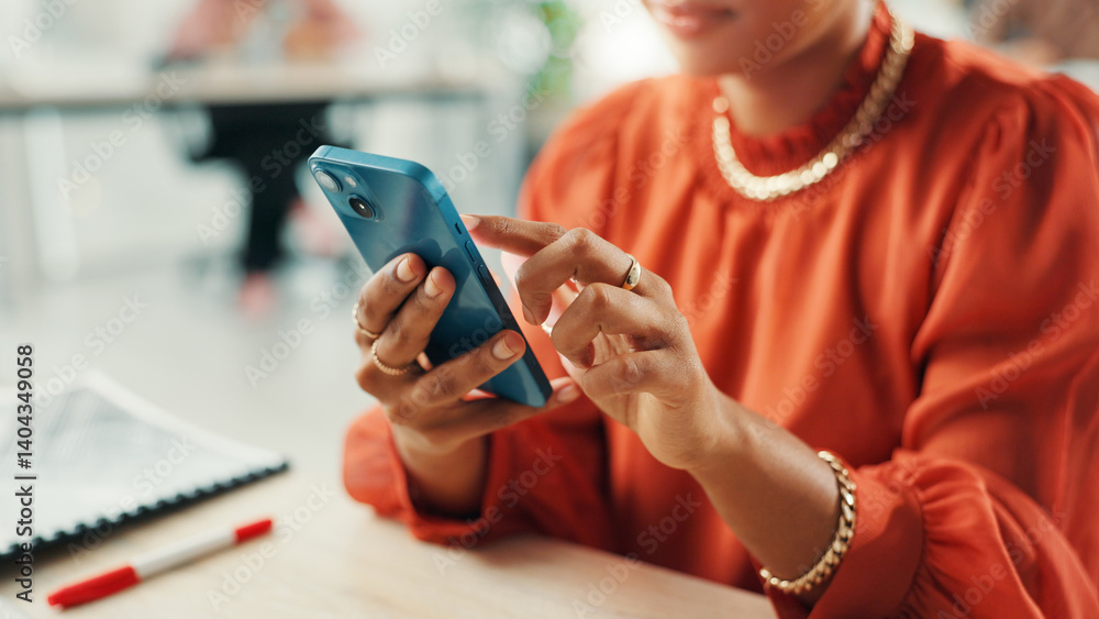 Poster hands, phone and business woman in creative office for networking, message and social media marketer