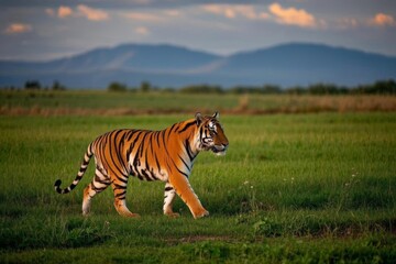 Fototapeta premium there is a tiger walking across a field with mountains in the background