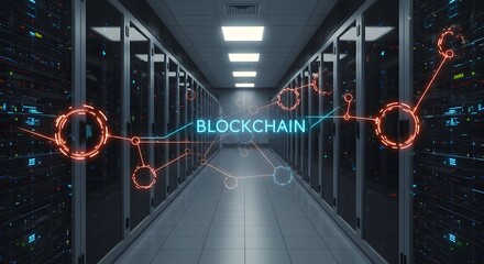 Blockchain network in data center server room. Modern technology infrastructure and processing power
