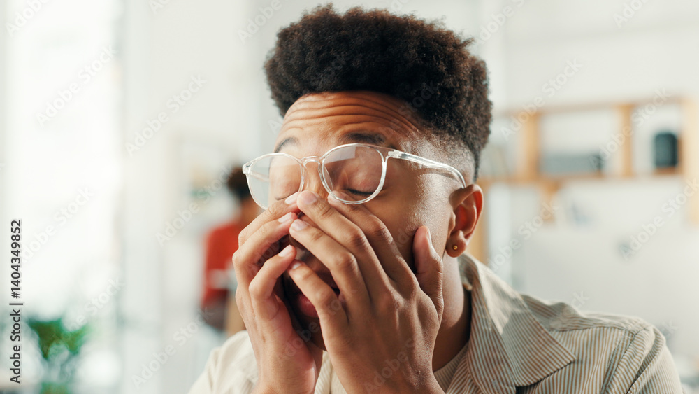 Aufkleber burnout, eye strain or stress with designer man in office for project or reporting deadline. anxiety