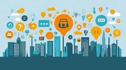 Obraz premium Smart City Concept: An illustration of a modern cityscape, symbolizing innovation, technology, and connectivity, with icons of communication and ideas overlaid against the urban skyline.