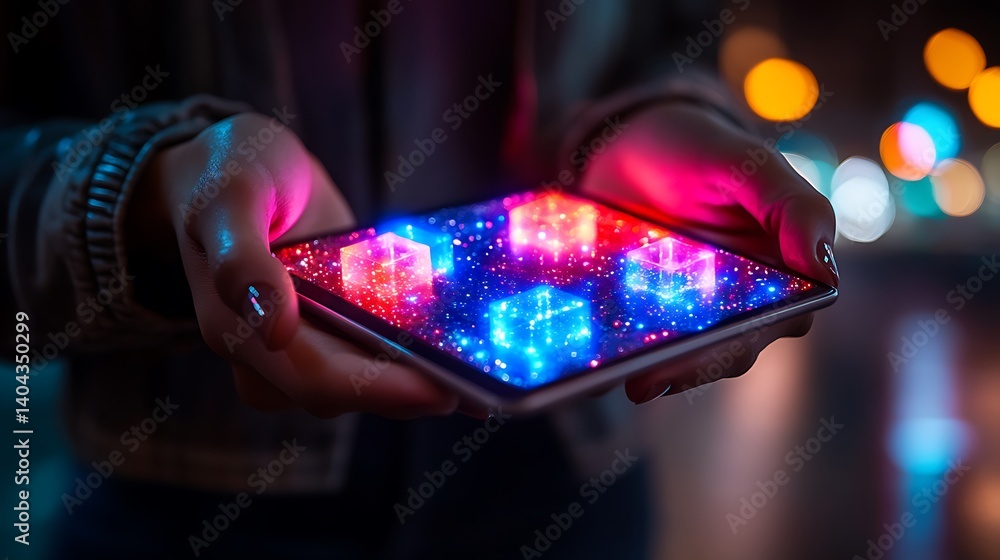 Poster handheld technology with light display: a person holds a modern handheld device illuminating a vibra