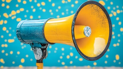 Blue and yellow vintage megaphone in front of a dotted teal background symbolizing communication and announcement