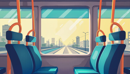Interior of a train with empty seats against a cityscape view  