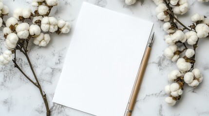 Blank Paper Surrounded by Cotton Stems and Elegant Pen for Creative Design Projects