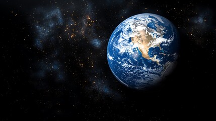 Obraz premium View of Earth from space with North and South America visible, surrounded by countless stars and cosmic clouds in the vast universe