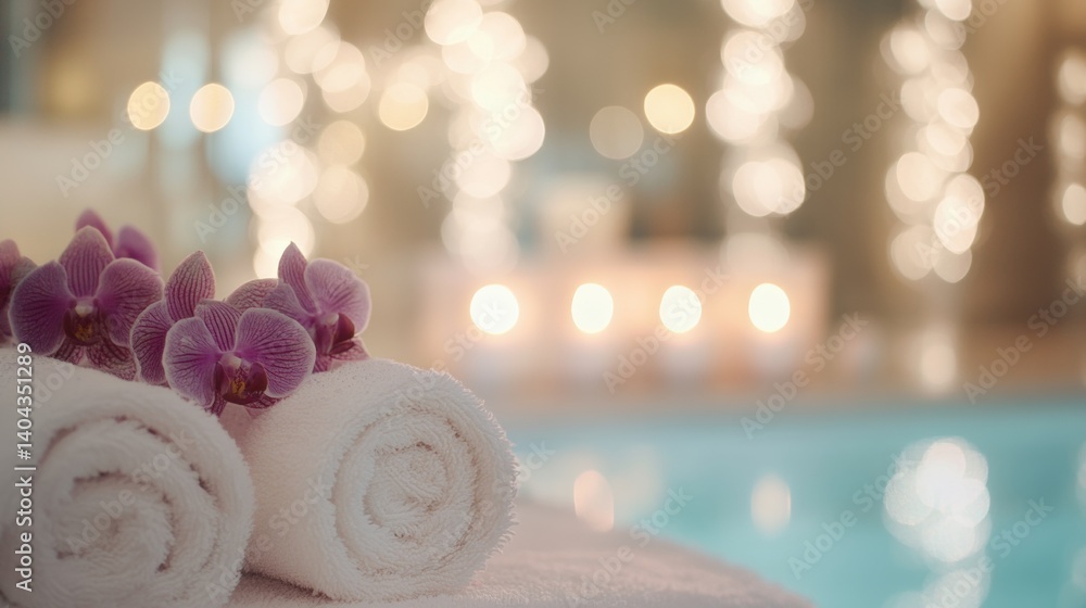 Poster rolled white towels and beautiful orchids are arranged in a tranquil spa atmosphere, with soft light