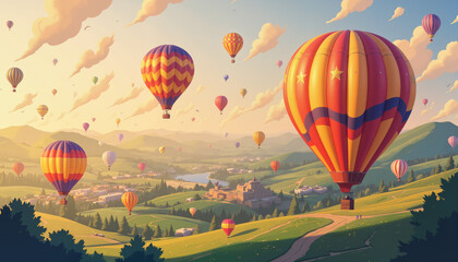 Obraz premium Colorful hot air balloons soaring over a picturesque landscape 