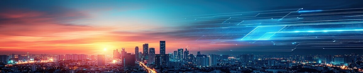 Fototapeta premium Urban Skyline at Sunset with Digital Technology Overlay Effect