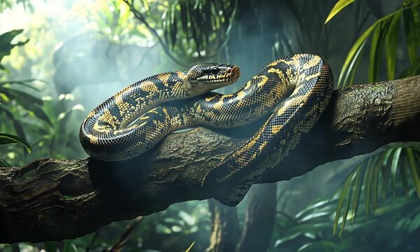A majestic snake resting on a branch amidst lush tropical foliage in a serene jungle setting
